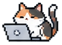 Calico pixel cat working on a laptop