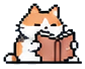 Calico pixel cat reading a book